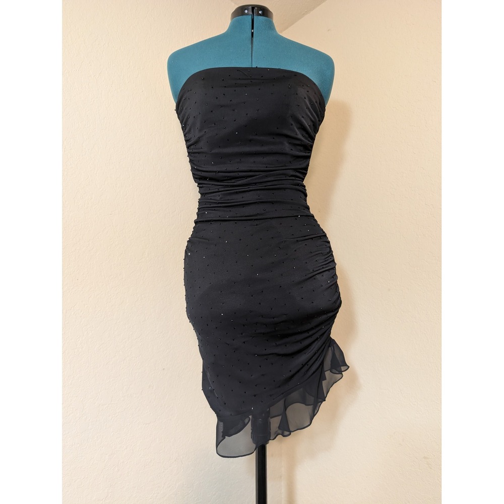 Cache Vintage Y2K Black Beaded Strapless Ruched Asymmetrical Ruffle Dress Size 2